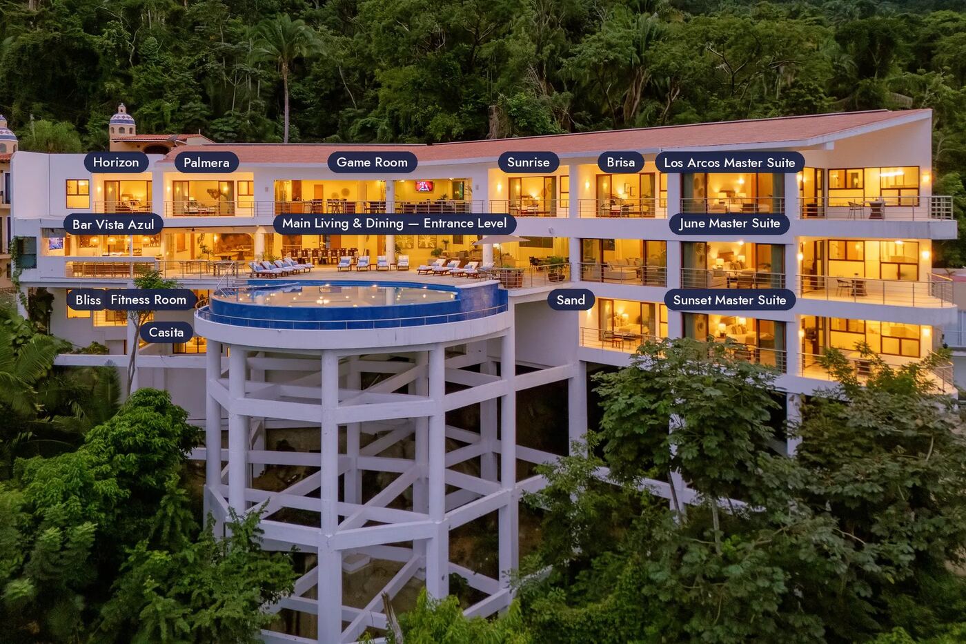 Aerial view of Villa Magnifico labeled with all 10 suites and common spaces