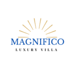 Villa Magnifico - Puerto Vallarta Luxury Rental Logo for "Magnifico Luxury Villa" featuring a stylized sun graphic with gold rays above the name "Magnifico" written in blue capital letters. Below, "Luxury Villa" appears in smaller black capital letters. The design is set against a white background.