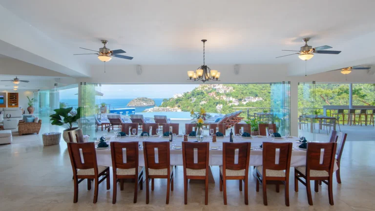Villa Magnifico Open-air dining area in luxury villa, Mismaloya, near Puerto Vallarta; seats 12 with ocean and hill views.