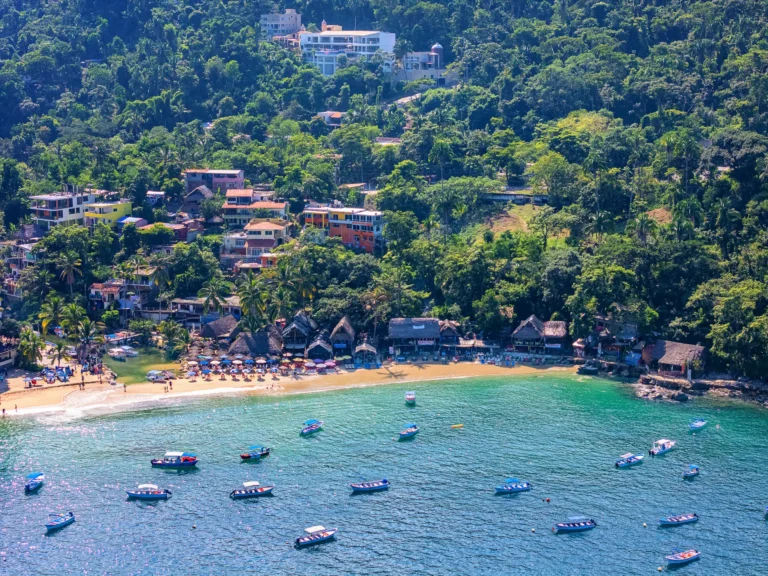 Villa Magnifico Aerial view of Mismaloya, near Puerto Vallarta: a coastal village with boats, beach, and lush green hills.