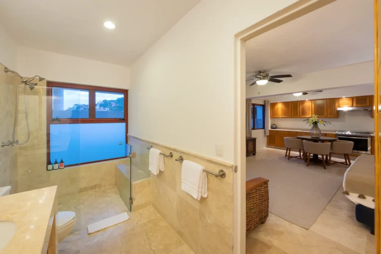 Villa Magnifico Luxurious bathroom and dining area in a Mismaloya villa near Puerto Vallarta, Mexico.
