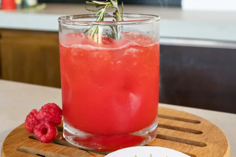 Villa Magnifico Red cocktail with rosemary in glass on wooden coaster, raspberries beside, at Mismaloya luxury villa near Puerto Vallarta.