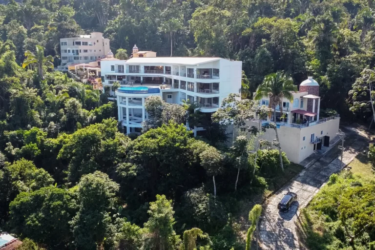 Villa Magnifico Aerial view of luxury villa in Mismaloya, near Puerto Vallarta, Mexico; hillside location with circular pool.