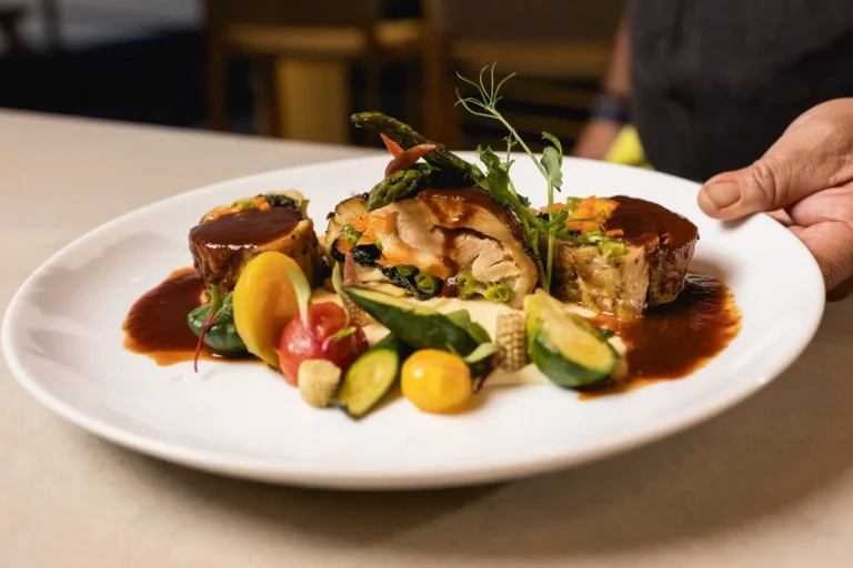 Villa Magnifico Gourmet meat and asparagus dish with veggies, from luxury villa in Mismaloya near Puerto Vallarta, Mexico.